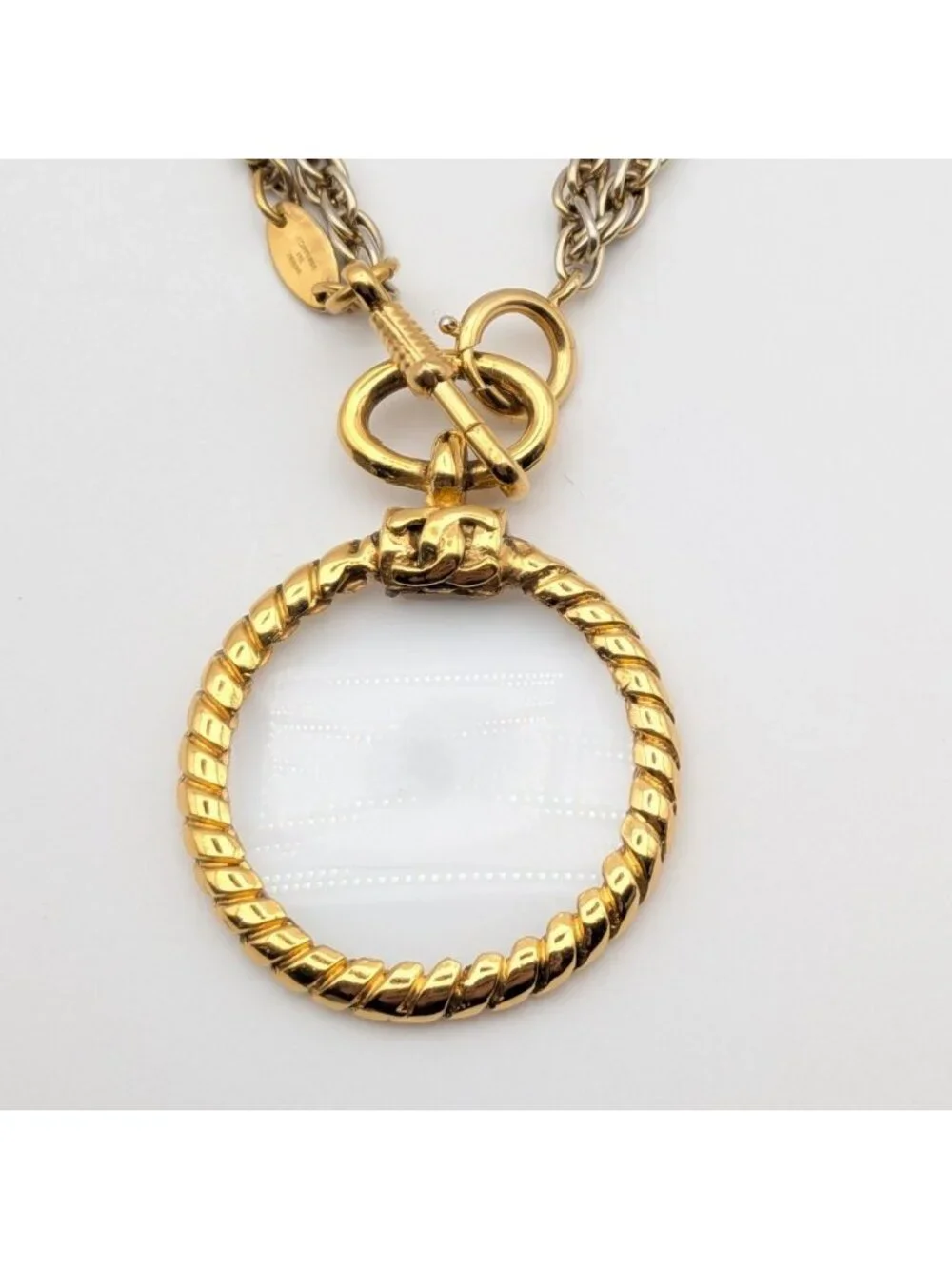 Chanel Pendant CC Logo Loupe Gold Chain First Era Vintage Necklace